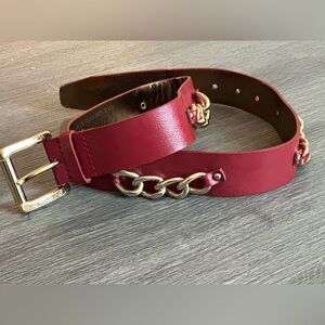 Michael Kors Red and Gold Leather Belt with Chain Detail Size Small